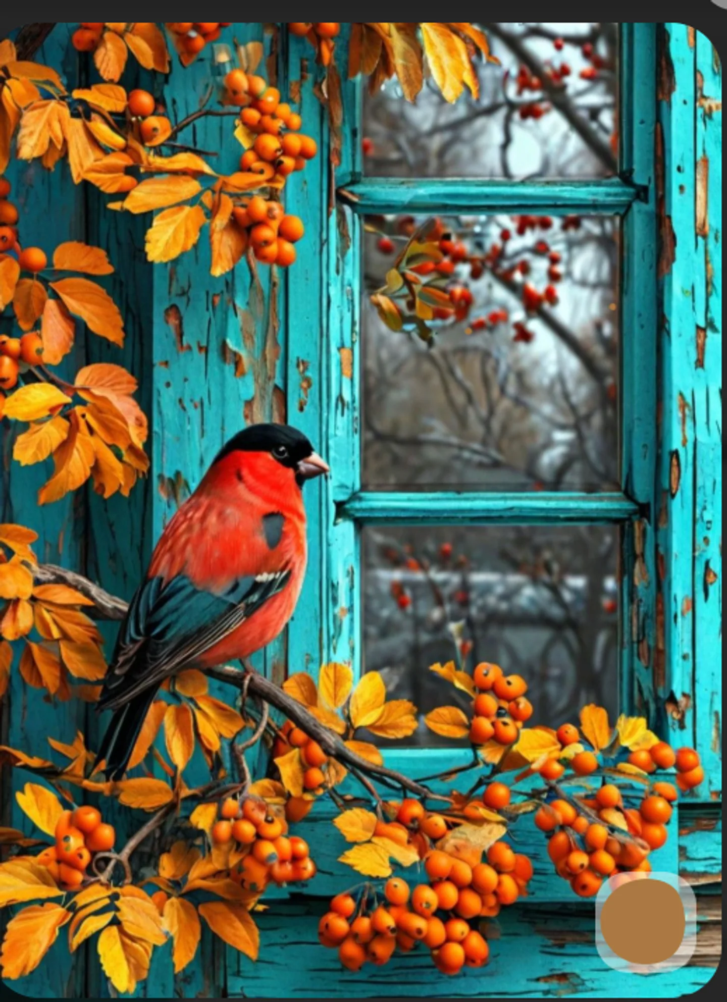 Autumn Turquoise Window with Bird
